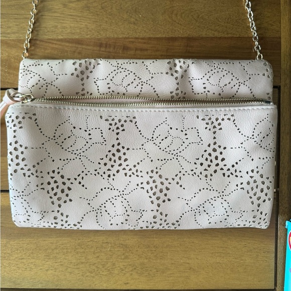 Women’s Pink Floral Laser Cut Faux Leather Messenger Clutch/With Chain Purse - Picture 2 of 5